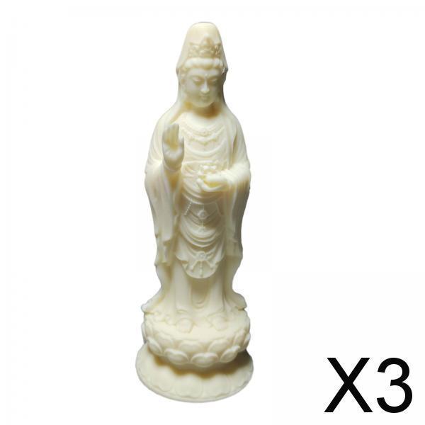 3xGuanyin Standing Statue Wood Carving Ornament Handmade for Housewarming Gift