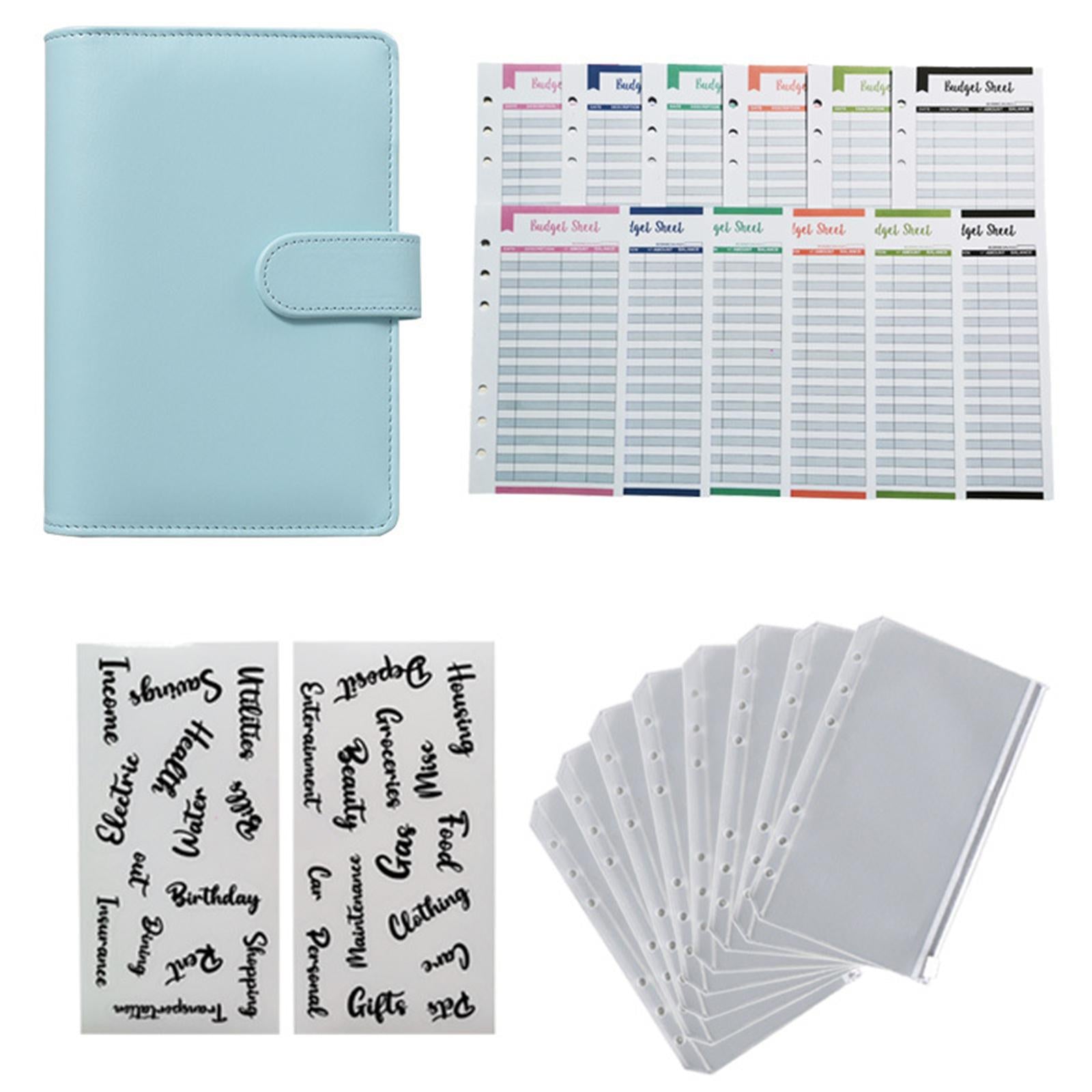 PU Leather A6 Notebook Binder Budget Binder 8 Binder Pockets for Cash Bills Light Blue