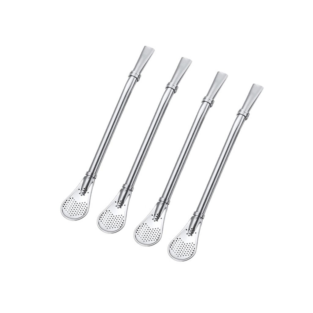 4 Pcs Drinking Filtered Straw Spoon Strainer Infuser 15.7cm Silver Bareware