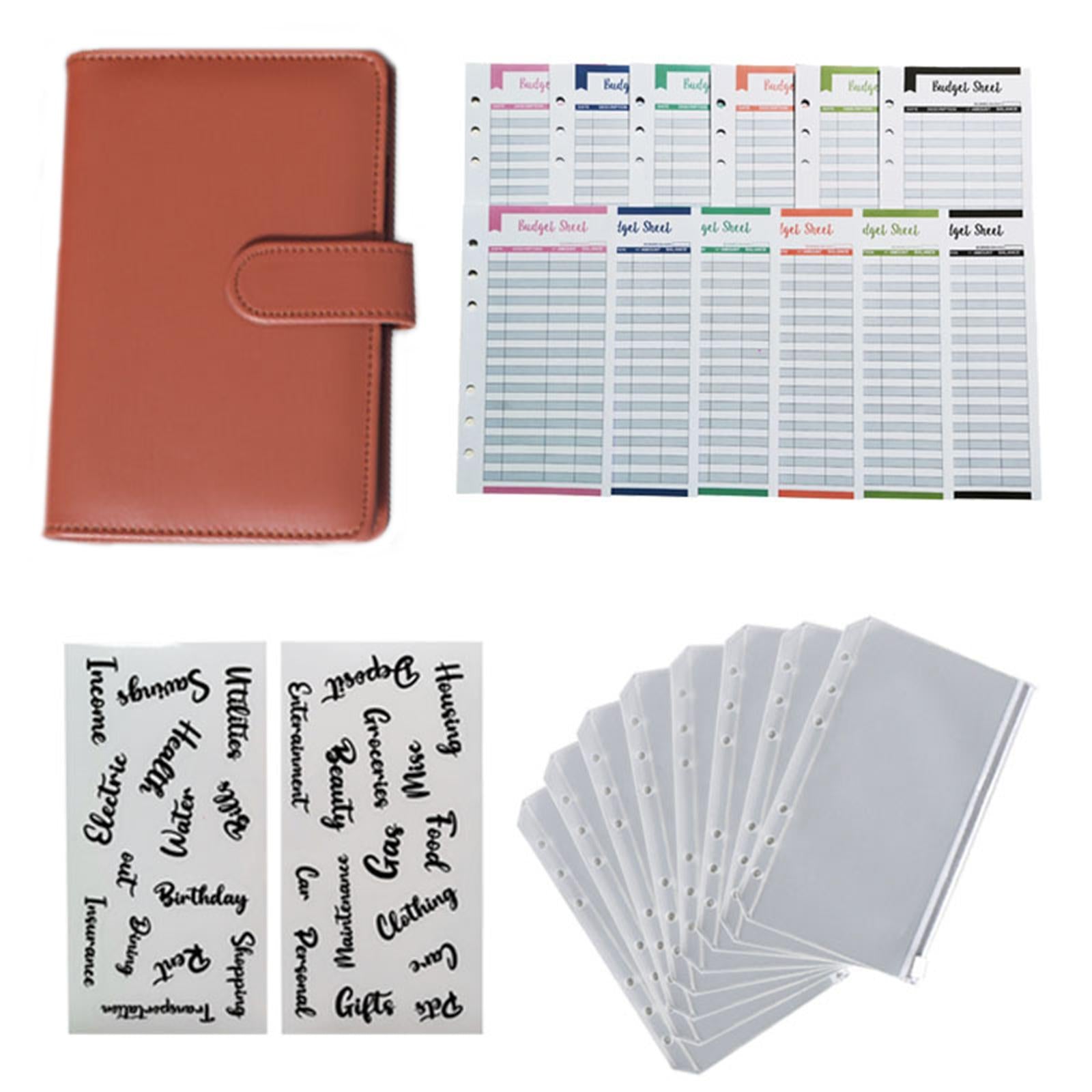 PU Leather A6 Notebook Binder Budget Binder 8 Binder Pockets for Cash Bills Brown