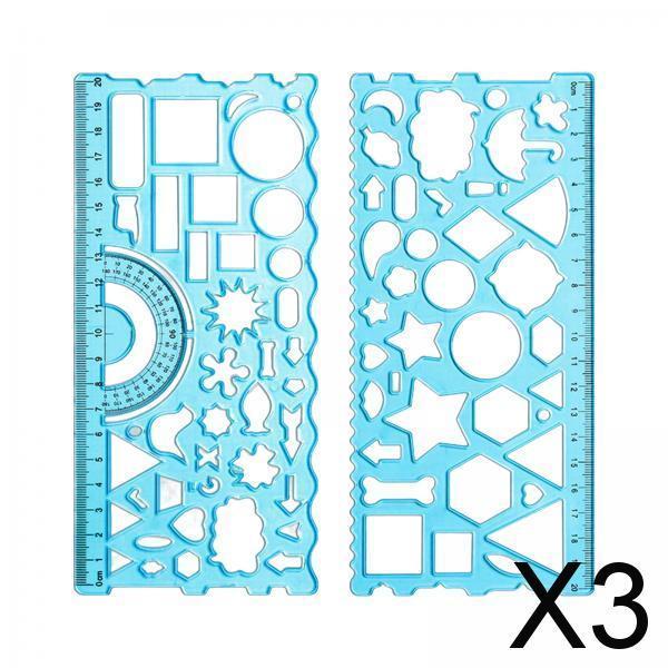 3xMultifunctional Drawing Template Geometric Ruler for Mathematics Building Blue
