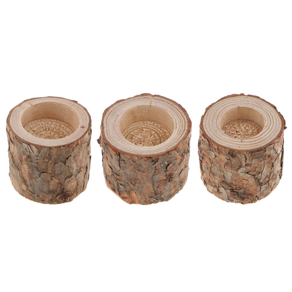 3x Natural Tree Stump Wooden Candle Holder Tea Light for Candlelight Dinner
