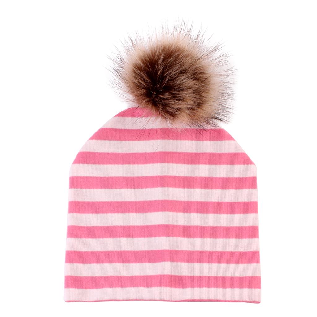 Baby Hat Faux Fur Baby Cap Cotton Pompom Bobble Hat for Kids Pink Stripe