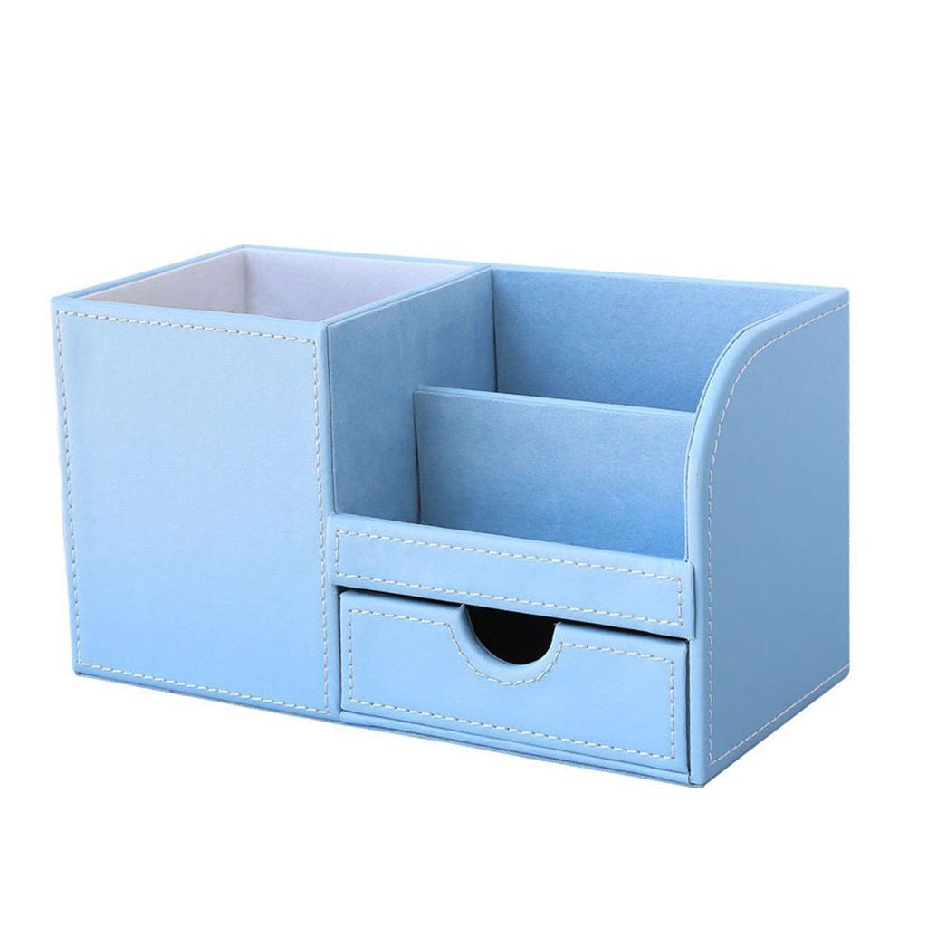 Multifunctional leather pen holder fashion desktop storage box Blue
