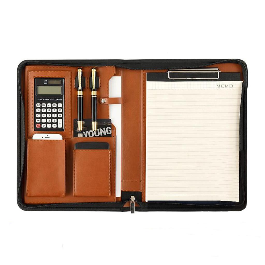 Zippered PU Leather Portfolio Organizer Business Document Folder Bag Brown D