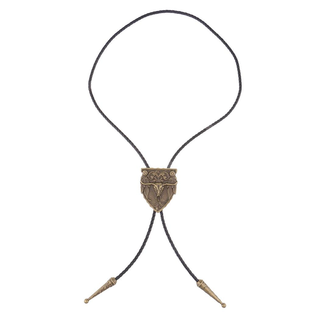 Vintage Men Aztec Western Cowboy Necktie Bolo Tie Bronze Tang Grass Pattern