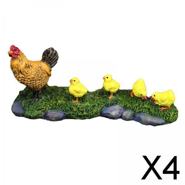 4xCute Miniature Garden Statues Hen and Her Babies Sculpture for Decor