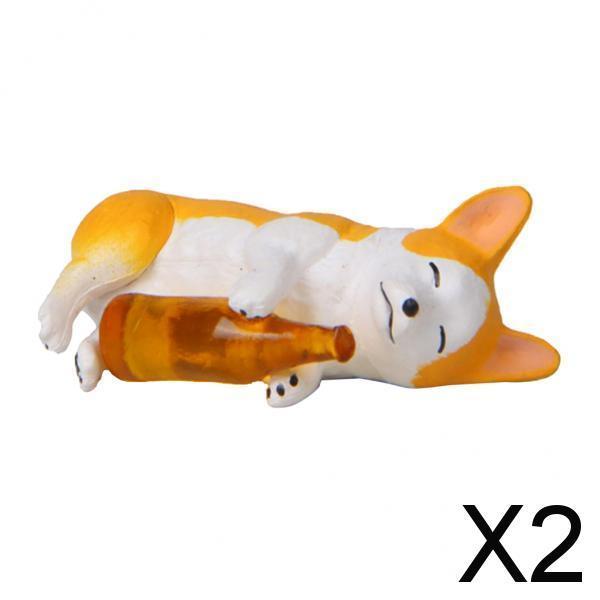 2xHolding Winebottle Mini Corgi Huskie Dog Figurine Decor Yellow Bottle Corgi