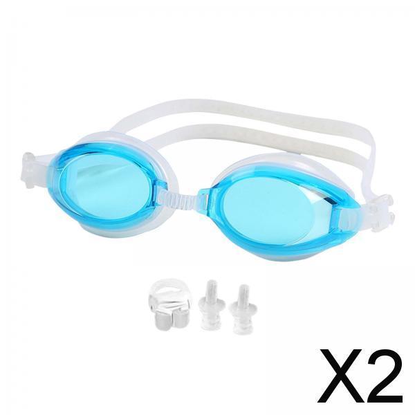 2xSwimming Goggles Adult Soft Silicone Strap Comfortable Anti Fog Swim Goggles Light Blue