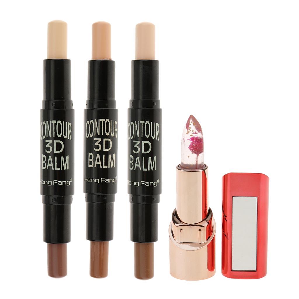 3 Pieces Highlight Contour Stick + Flower Color Temperature Change Lipstick
