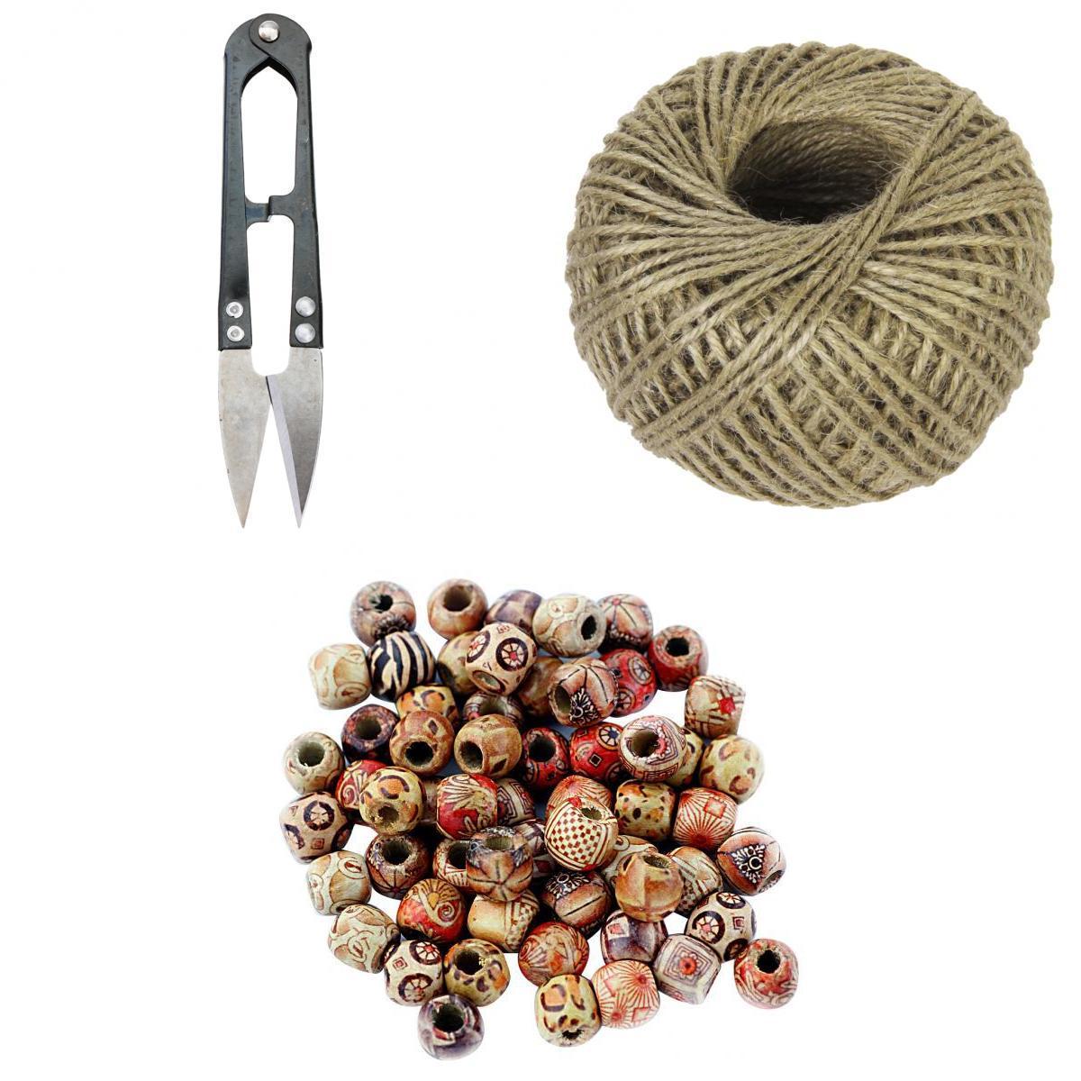 100 Piece Mixed 12mm Wooden Beads with Jute Twine Cord and Craft Scissors