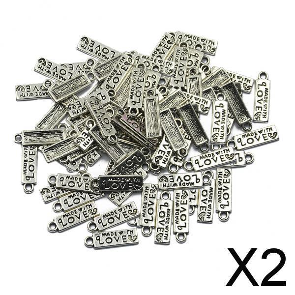 2x100 Piece Tibetan Silver MADE WITH LOVE Heart Rectangle Heart Charms Pendant