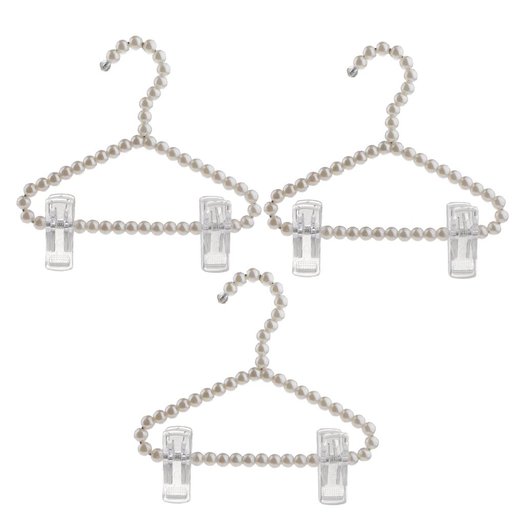 3Pcs 20cm Pearl Beaded Clothes Hanger Trousers Dress Holder with Clip White