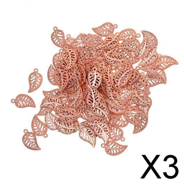 3x100 Pieces Filigree Leaf Charms Pendant Beads Jewelry DIY Making rosegold