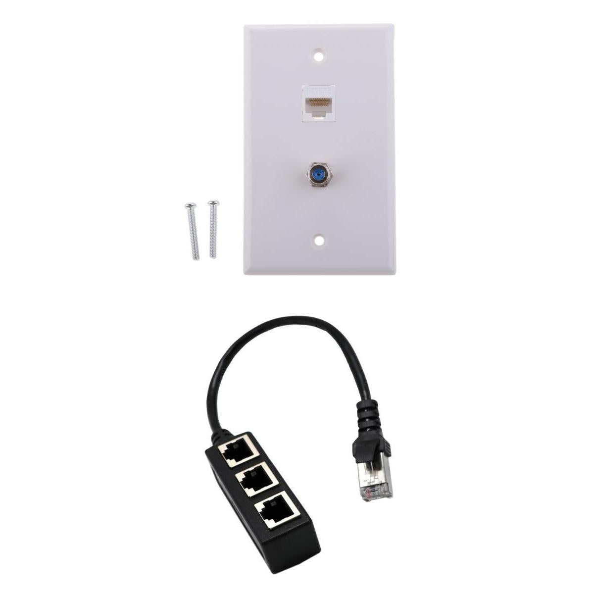 Coaxial F Connector Ethernet Wall Plate+RJ45 1 to 3 Network Splitter