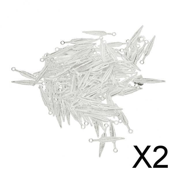 2x100 pcs 3D Feather Leaf Metal Charms pendants Jewelry DIY Making Silver White