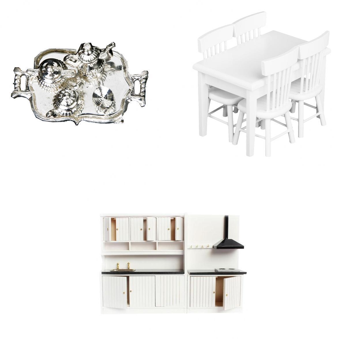 1/12 Dollhouse Miniature Kitchen Set Silver Metal Wine Set & Table Chair Set