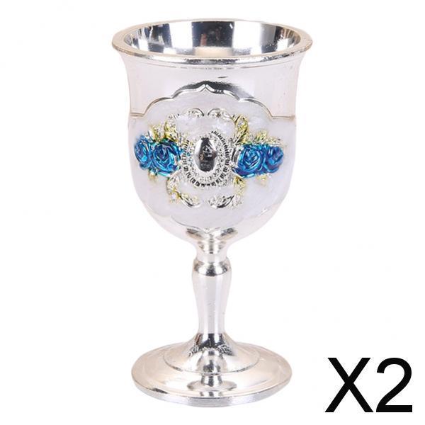 2xMetal Wine Goblet, Carving Pattern Handmade Cup Bar Dinners Parties Decor Blue flower Silver white