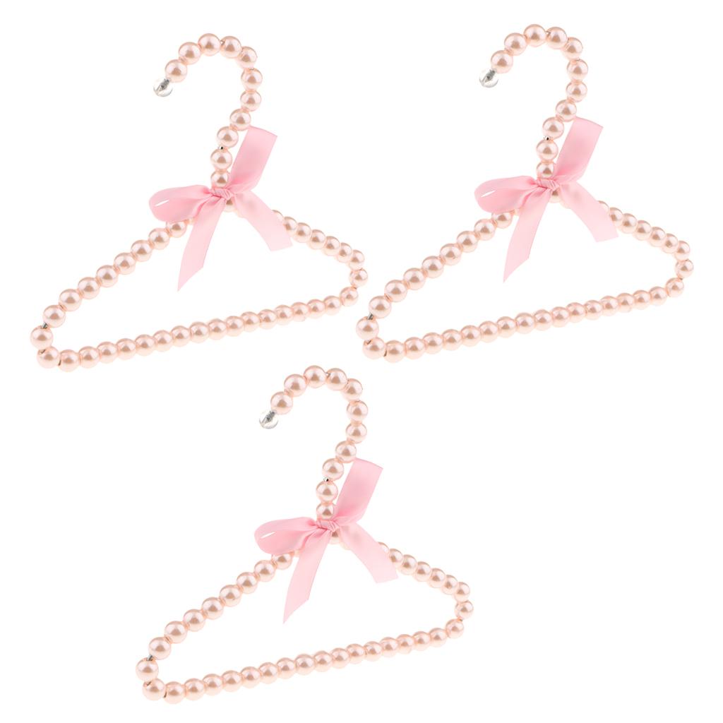3Pcs 20cm Pearl Beaded Kids Clothes Hanger Coat Dress Pants Hook Holder Pink