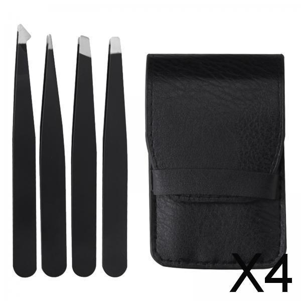 4xFine Hairs Puller Stainless Steel Professional 4 in1 Slanted Black