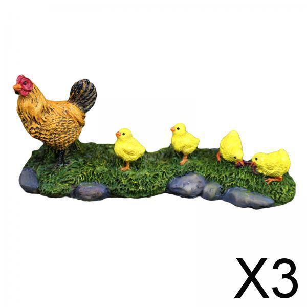 3xCute Miniature Garden Statues Hen and Her Babies Sculpture for Decor
