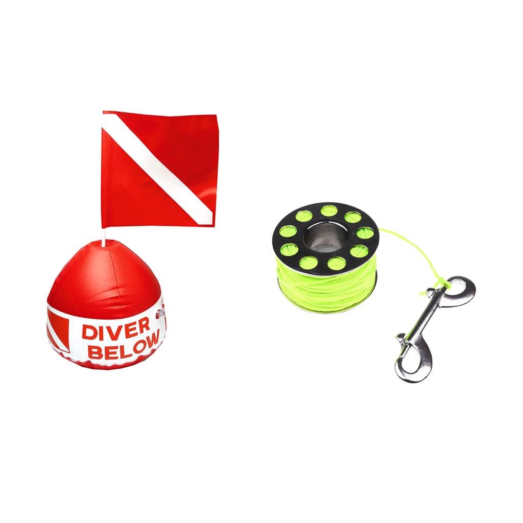 31m Scuba Spool Finger Reel with Bolt Snap+ Diving Flag with Inflatable Buoy