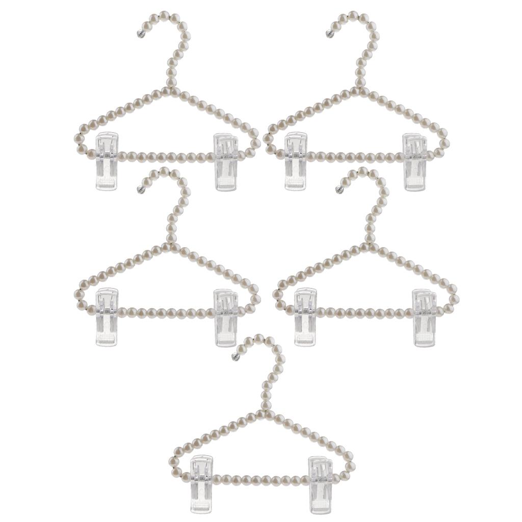 5Pcs 20cm Pearl Beaded Clothes Hanger Trousers Dress Holder with Clip White