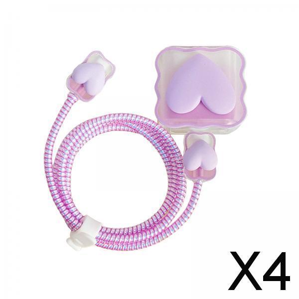 4xChargers Cable Protective Cover 4in1 3D Protective Case for Cell Phone Phone Love Purple