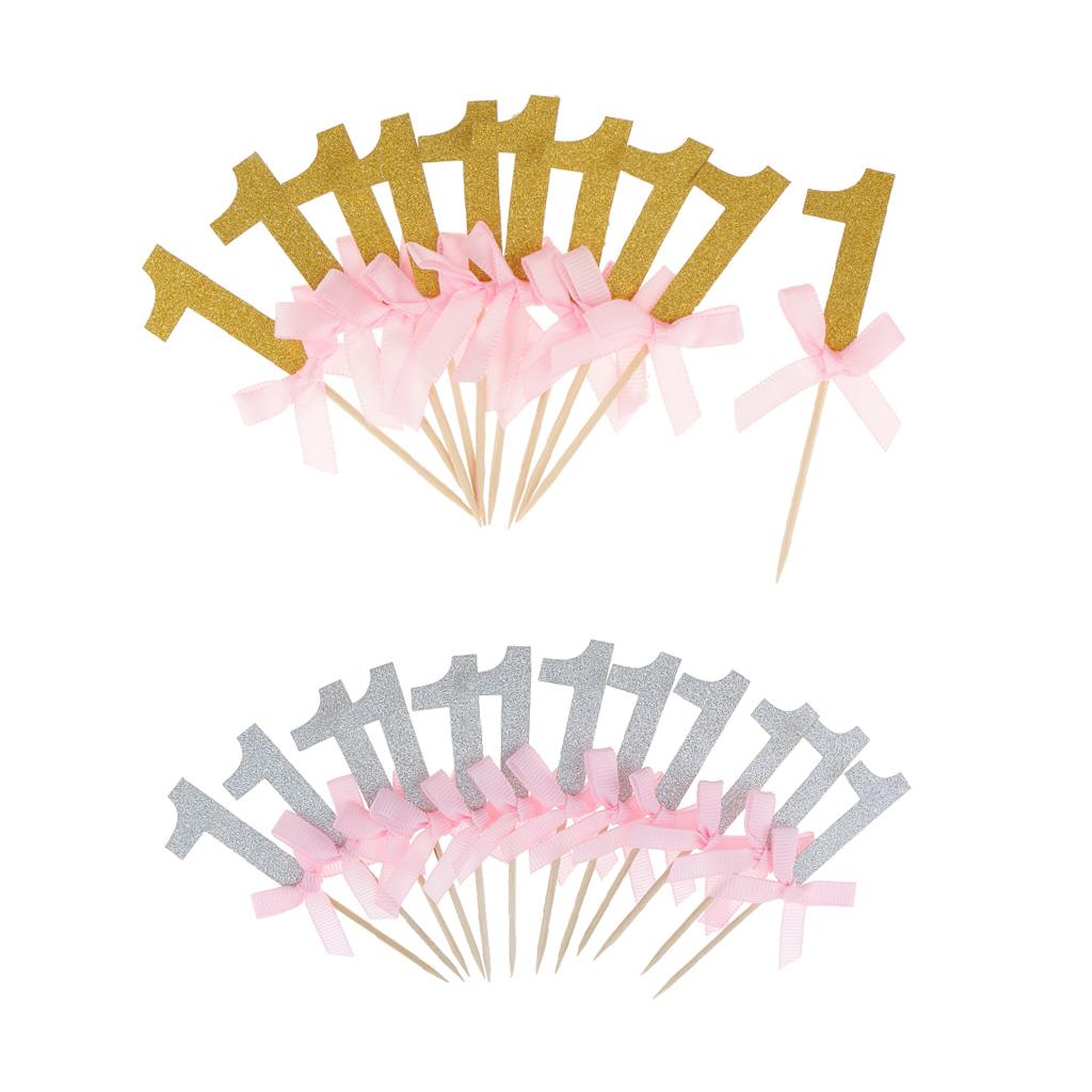 24 Glitter Gold Silver Number One Cake Cupcake Topper Pick Kid 1st Birthday