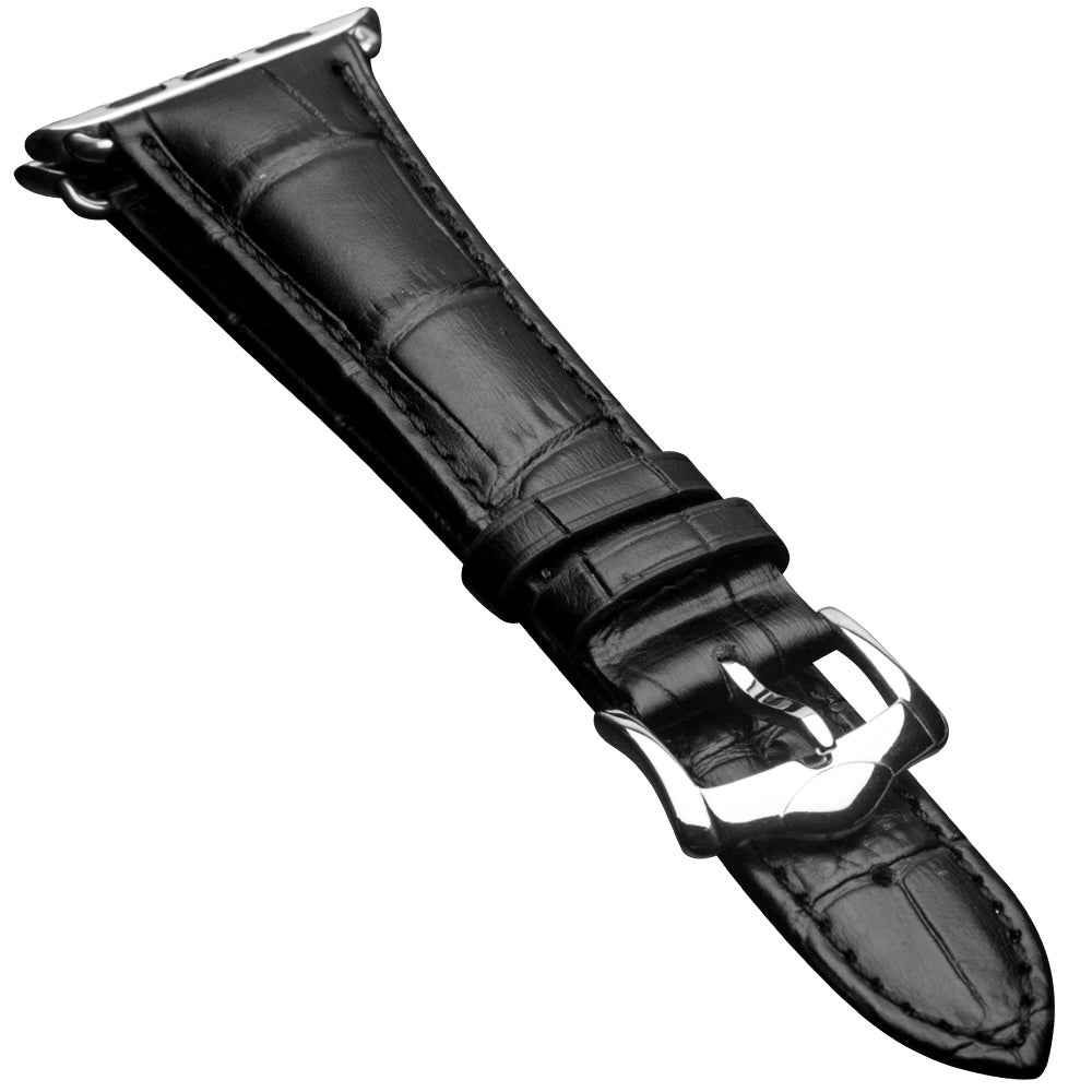 QIALINO Crocodile Pattern Genuine Leather Watch Wrist Strap for Apple Watch Series 8 45mm / Ultra 49mm / 7 45mm / Series 6 SE SE (2022) 5 4 44mm / Series 3 2 1 42mm - Black