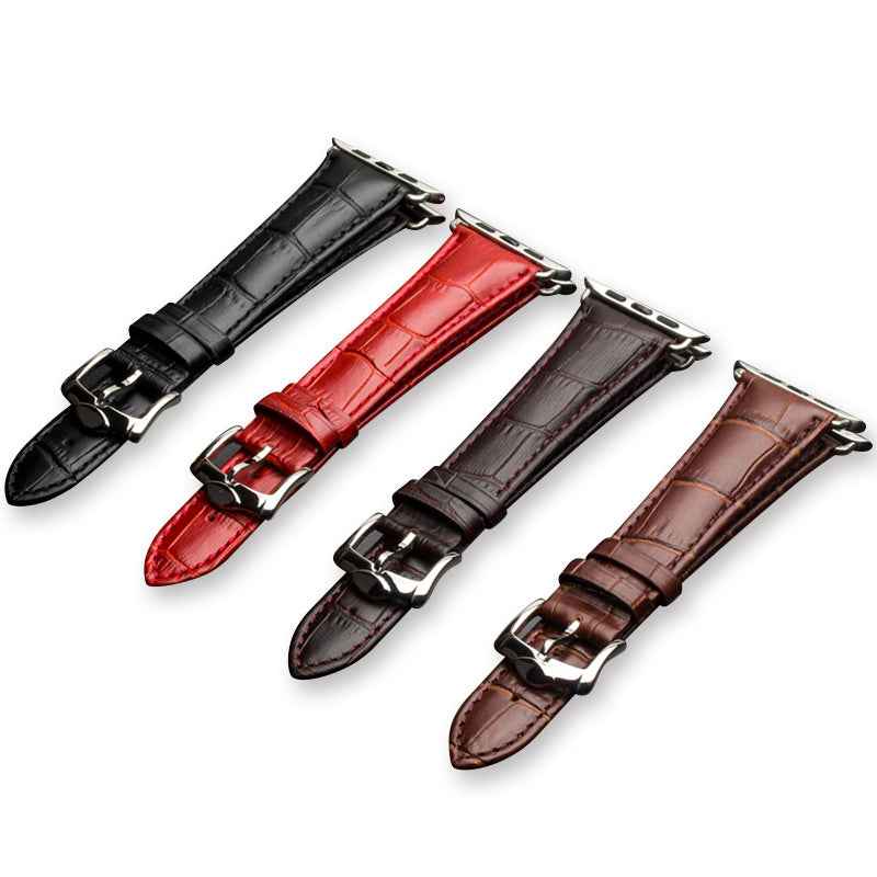 QIALINO Crocodile Pattern Genuine Leather Watch Wrist Strap for Apple Watch Series 8 45mm / Ultra 49mm / 7 45mm / Series 6 SE SE (2022) 5 4 44mm / Series 3 2 1 42mm - Black