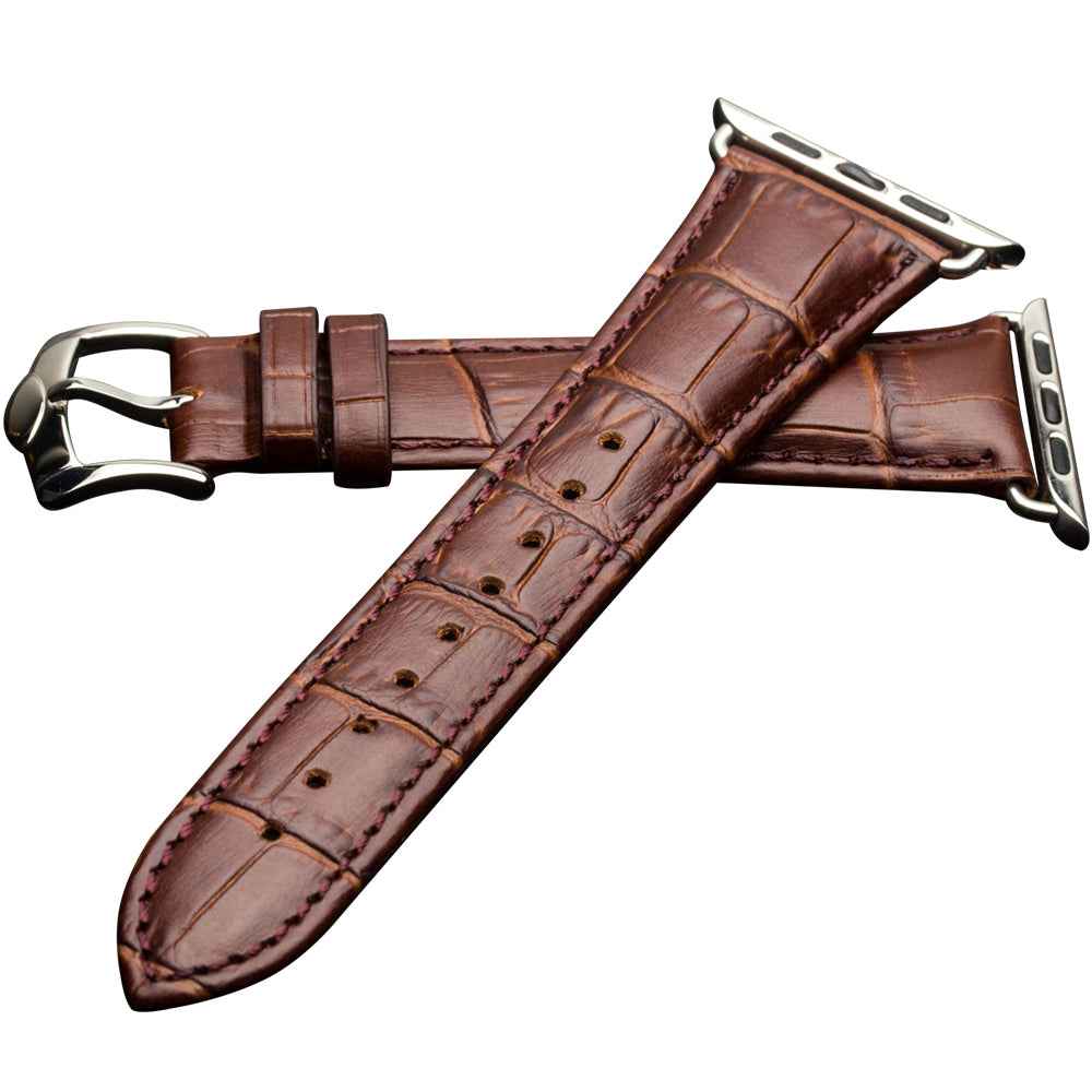 QIALINO for Apple Watch Series 8 45mm / Ultra 49mm / 7 45mm / Series 6 SE SE (2022) 5 4 44mm / Series 3 2 1 42mm Crocodile Grain Genuine Leather Watch Band Wrist Strap - Brown