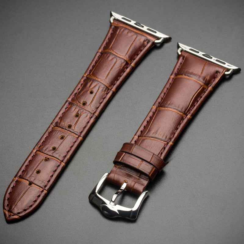 QIALINO for Apple Watch Series 8 45mm / Ultra 49mm / 7 45mm / Series 6 SE SE (2022) 5 4 44mm / Series 3 2 1 42mm Crocodile Grain Genuine Leather Watch Band Wrist Strap - Brown