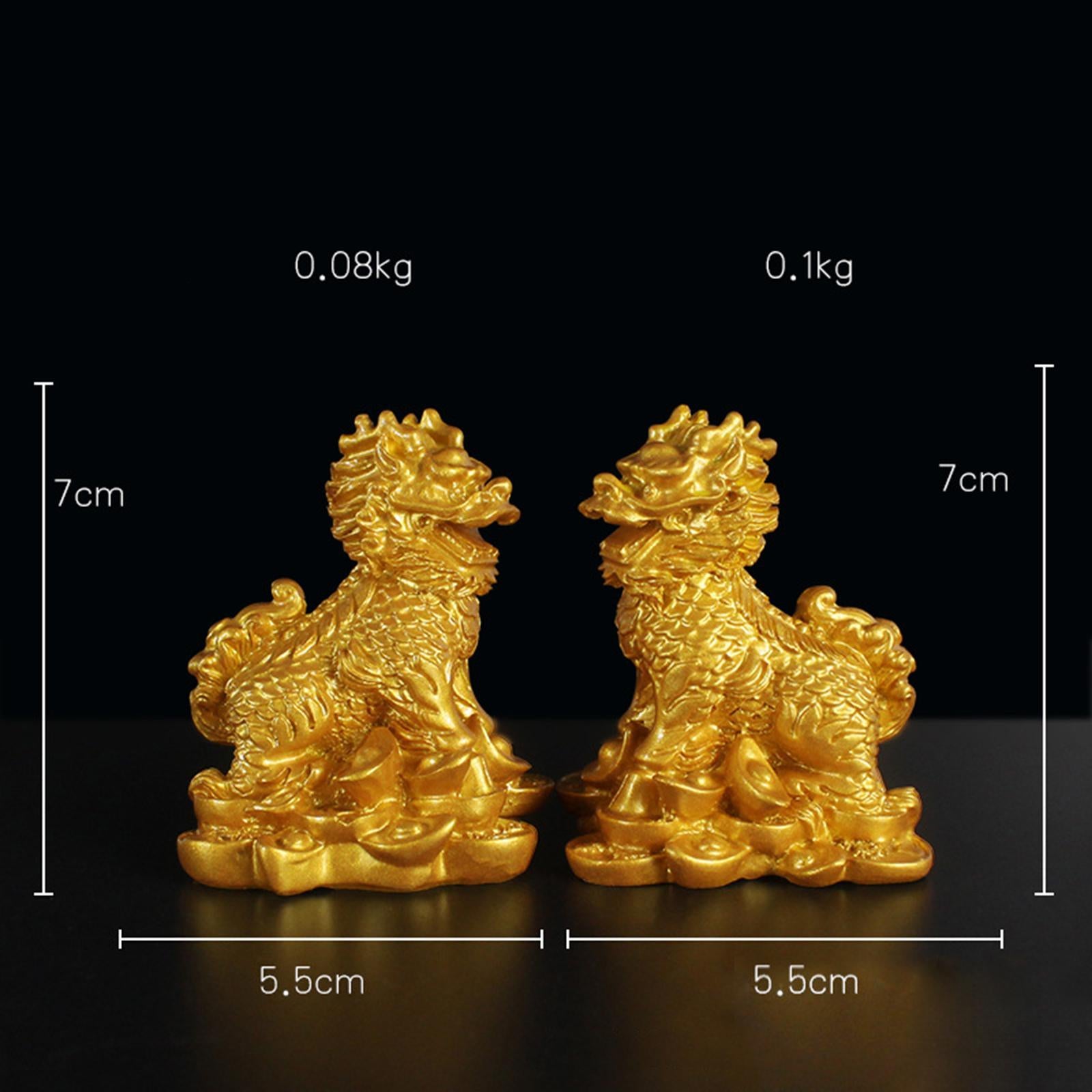 1 Pair Chinese Copper Fengshui Kylin Chi-lin Qilin God Beast Statue for Home Gold 5.5x7cm