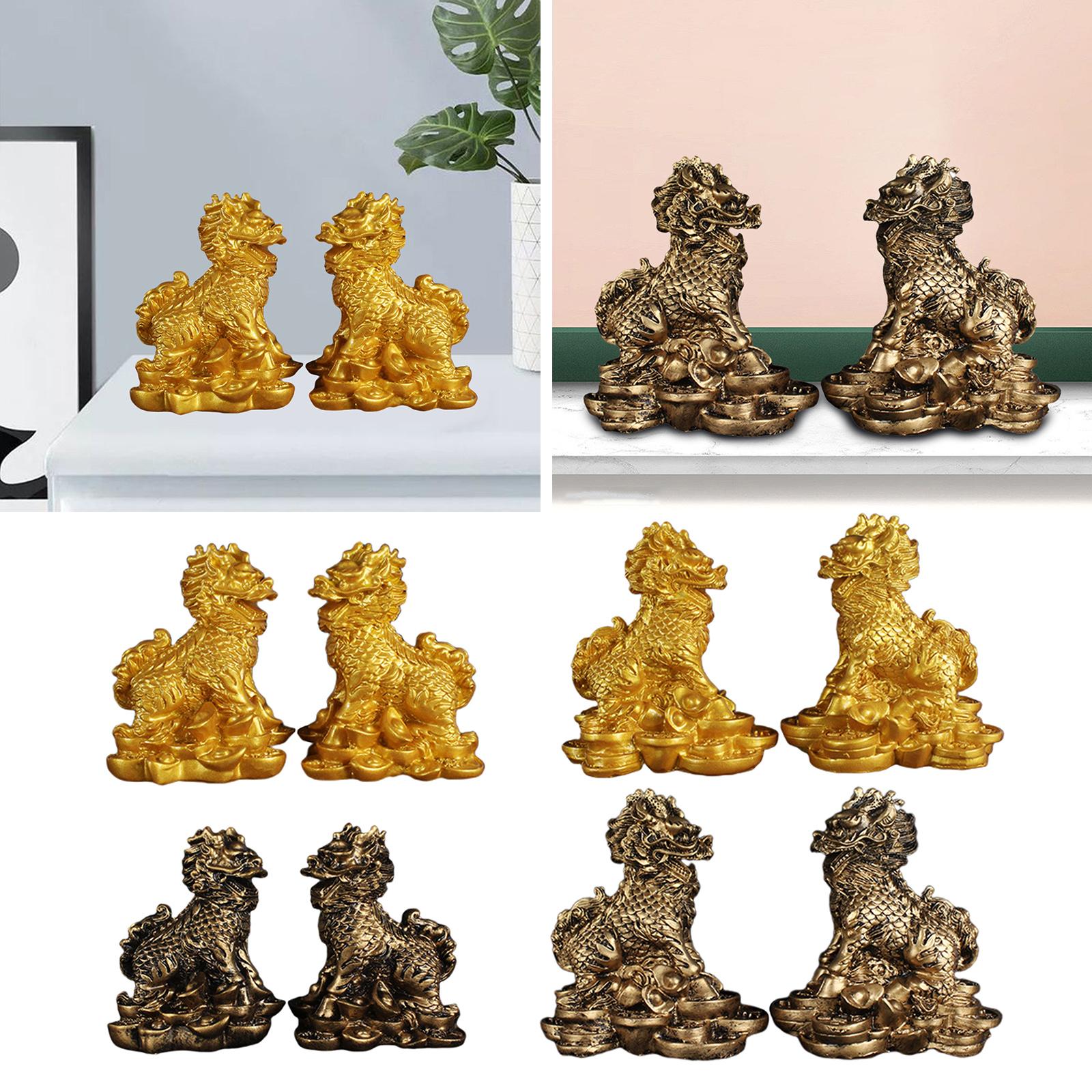 1 Pair Chinese Copper Fengshui Kylin Chi-lin Qilin God Beast Statue for Home Gold 5.5x7cm