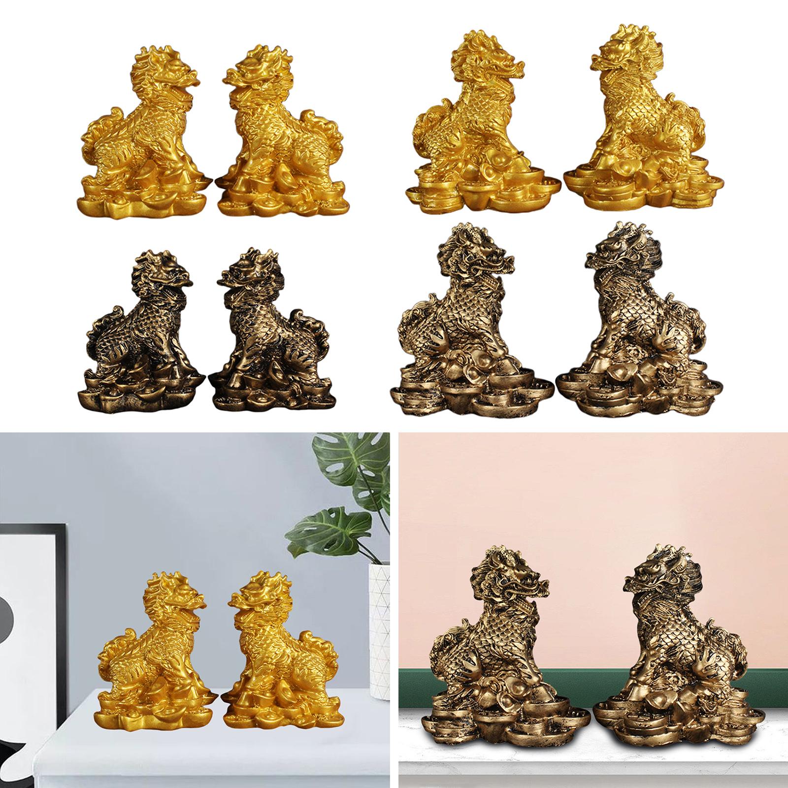 1 Pair Chinese Copper Fengshui Kylin Chi-lin Qilin God Beast Statue for Home Gold 5.5x7cm