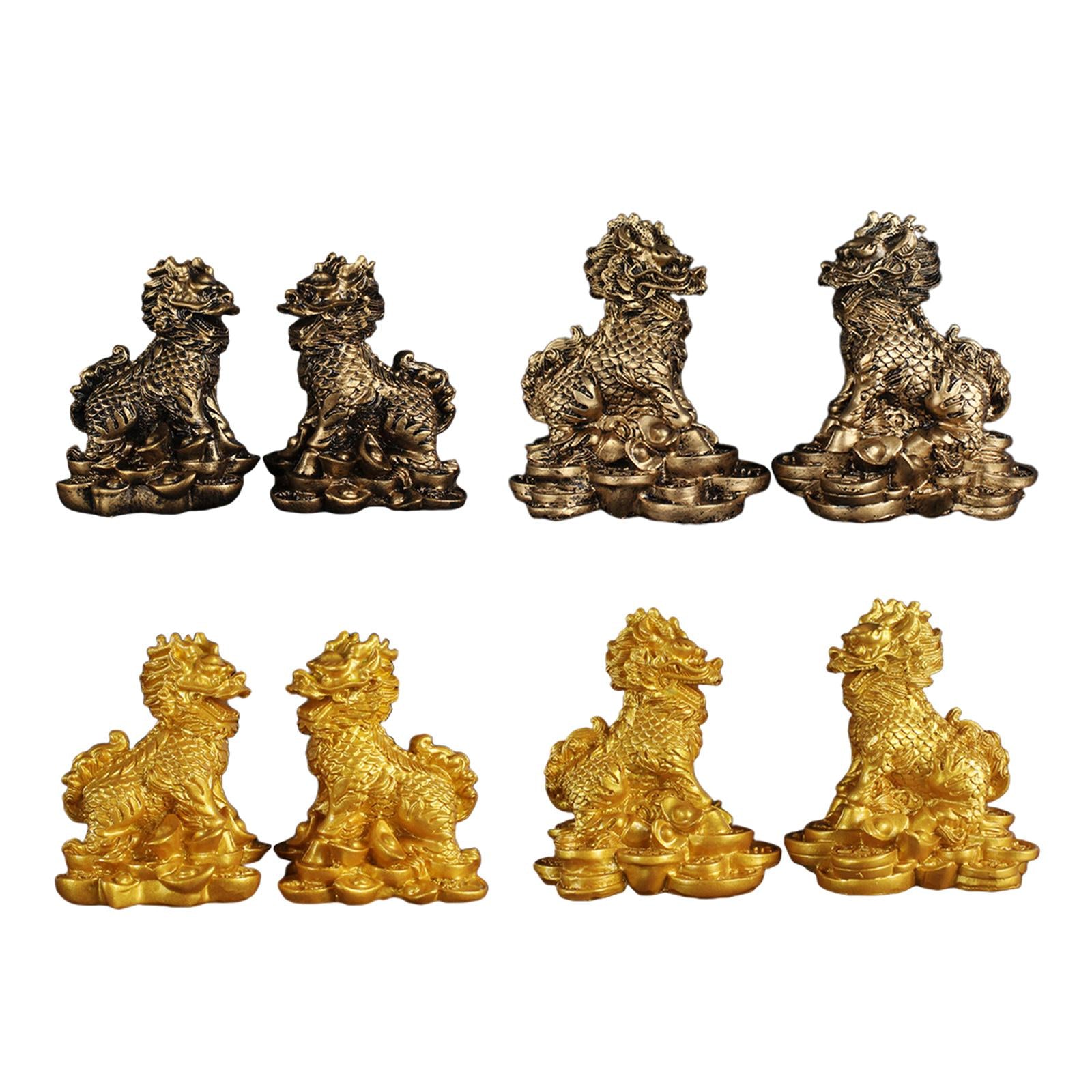 1 Pair Chinese Copper Fengshui Kylin Chi-lin Qilin God Beast Statue for Home Gold 5.5x7cm