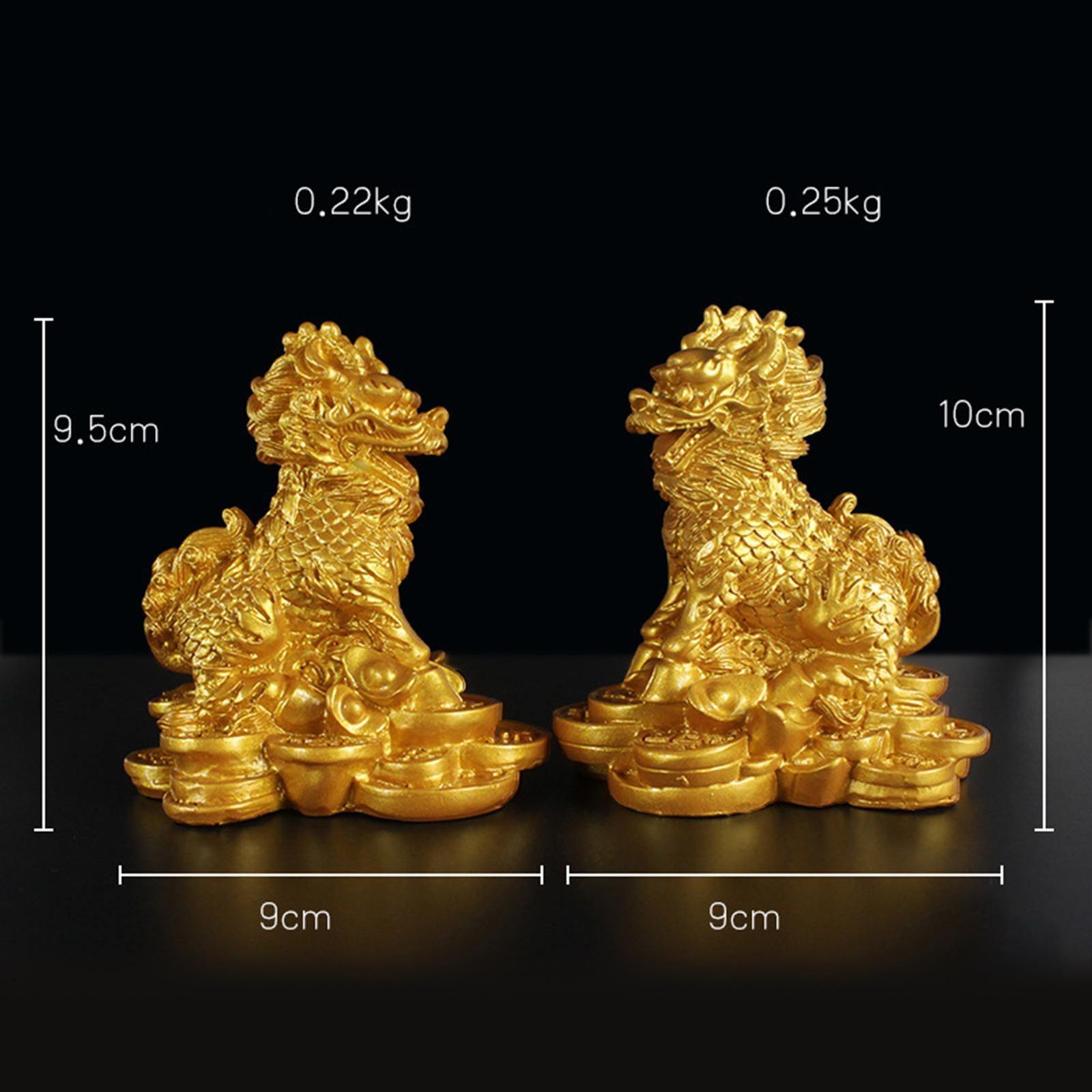 1 Pair Chinese Copper Fengshui Kylin Chi-lin Qilin God Beast Statue for Home Gold 9x9.5cm