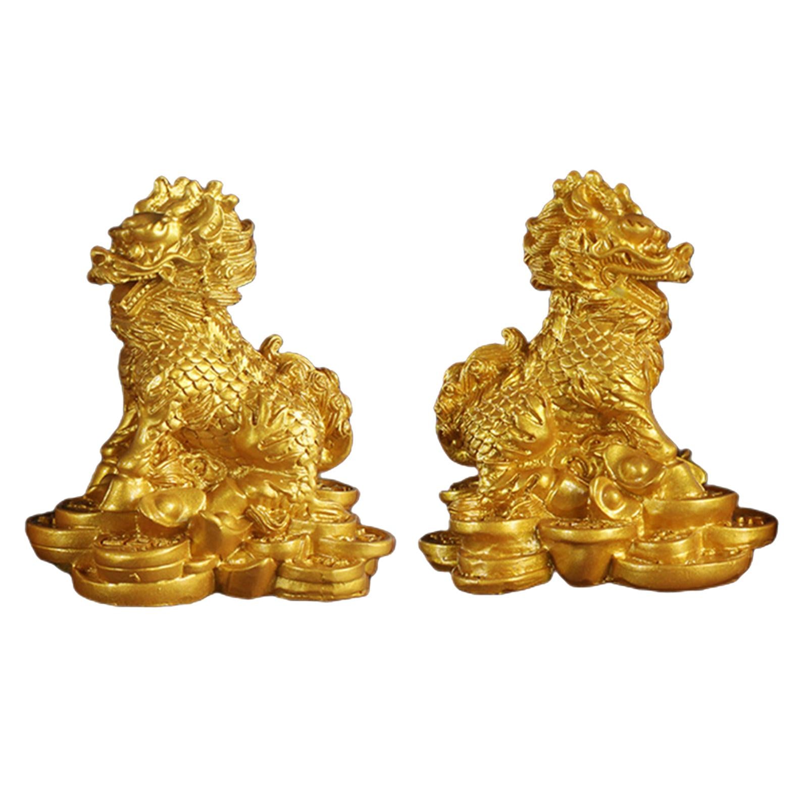 1 Pair Chinese Copper Fengshui Kylin Chi-lin Qilin God Beast Statue for Home Gold 9x9.5cm