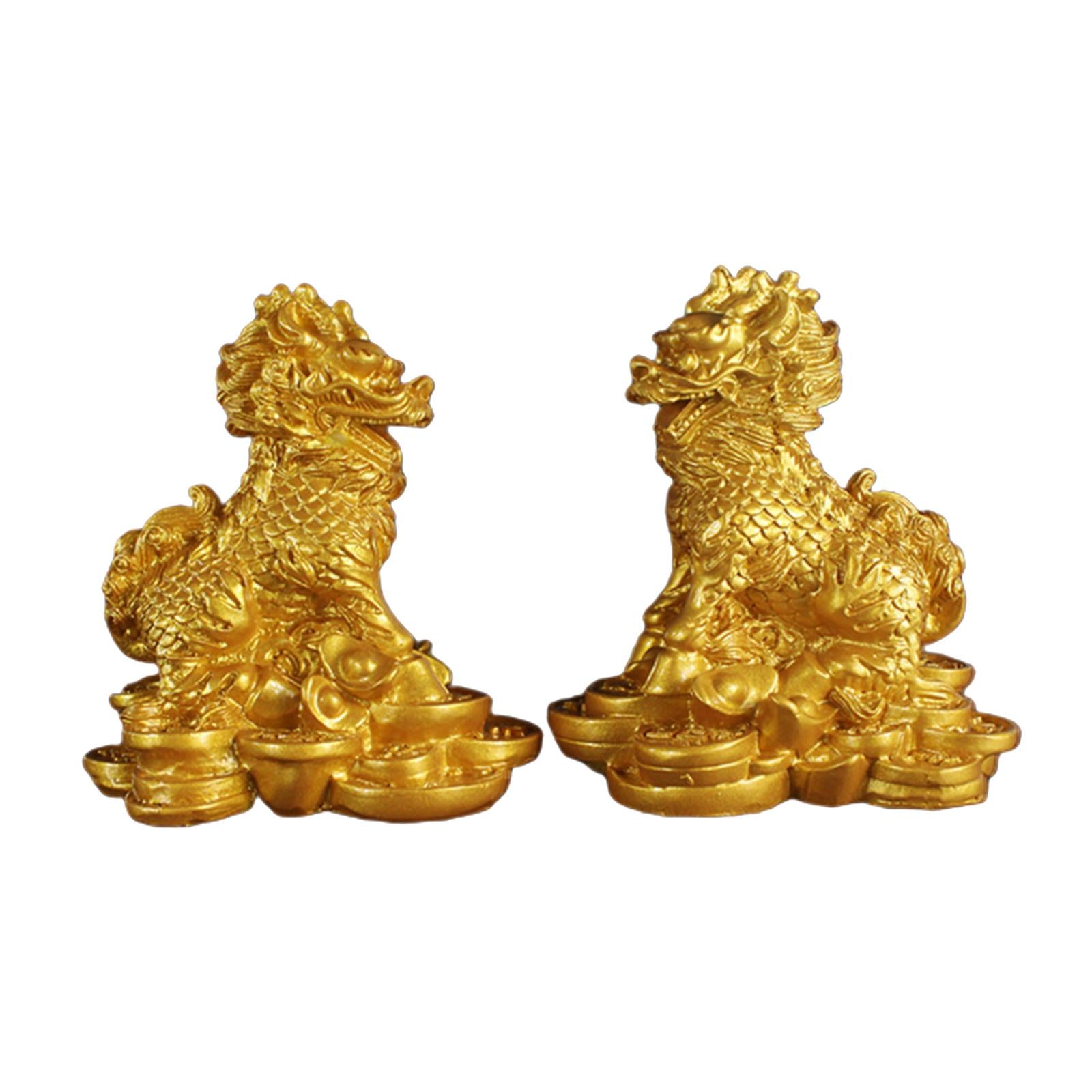 1 Pair Chinese Copper Fengshui Kylin Chi-lin Qilin God Beast Statue for Home Gold 9x9.5cm