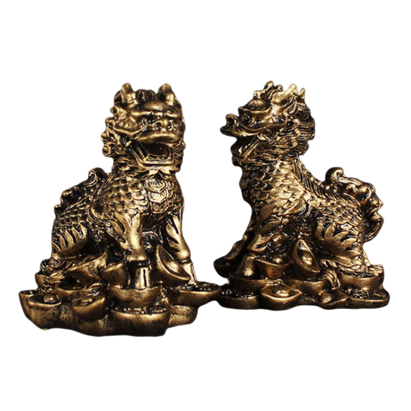 1 Pair Chinese Copper Fengshui Kylin Chi-lin Qilin God Beast Statue for Home Copper 5.5x7cm