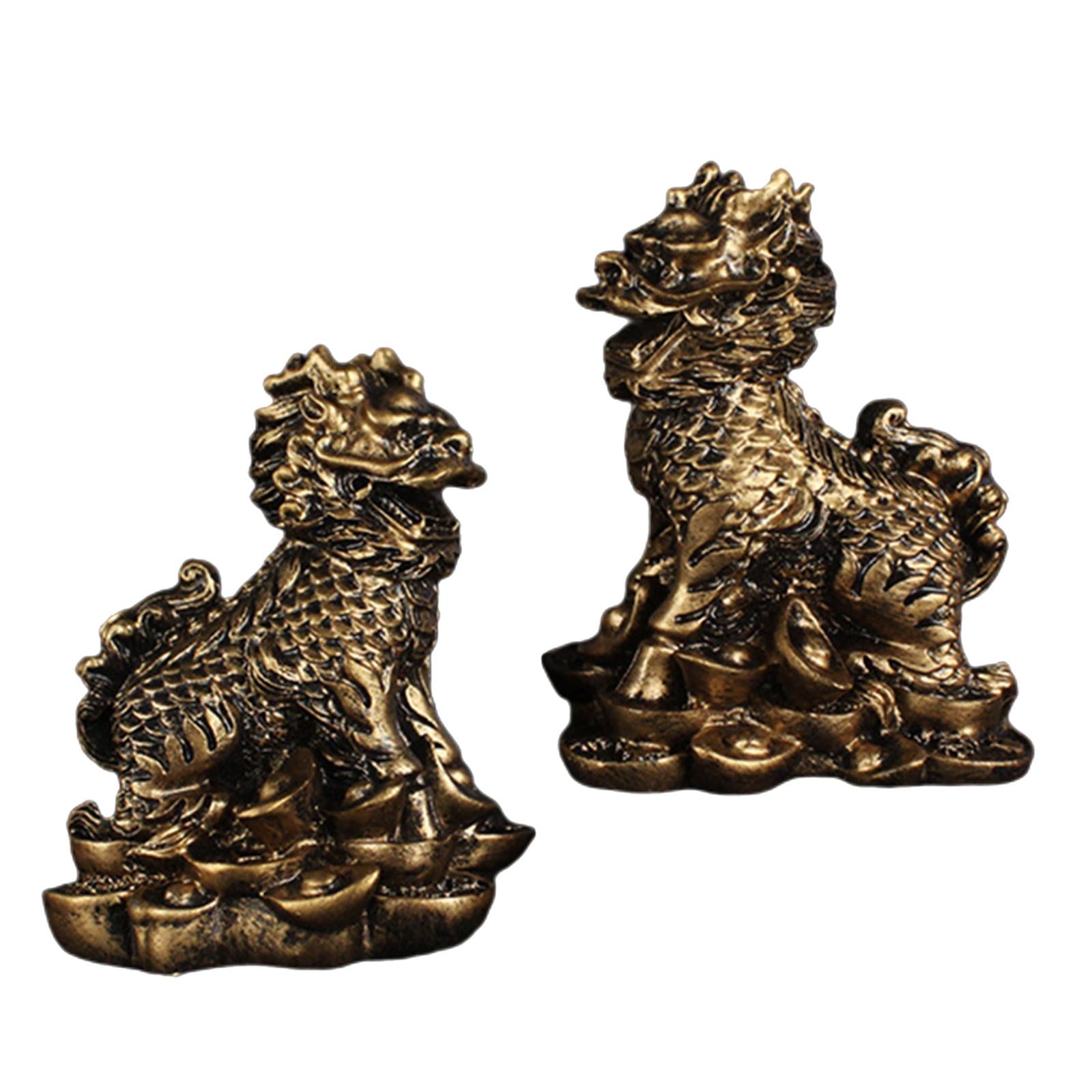 1 Pair Chinese Copper Fengshui Kylin Chi-lin Qilin God Beast Statue for Home Copper 5.5x7cm