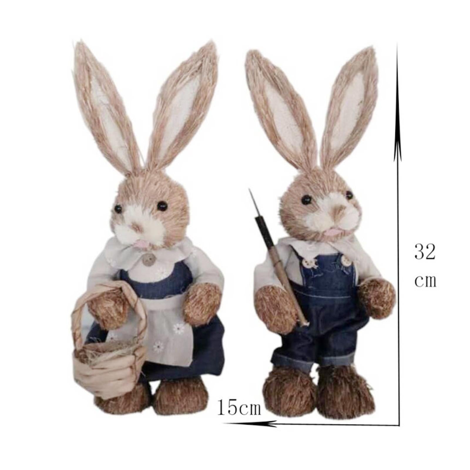 1 Pair Straw Easter Rabbit Decoration Bunny Figurines for Holiday Dark Blue