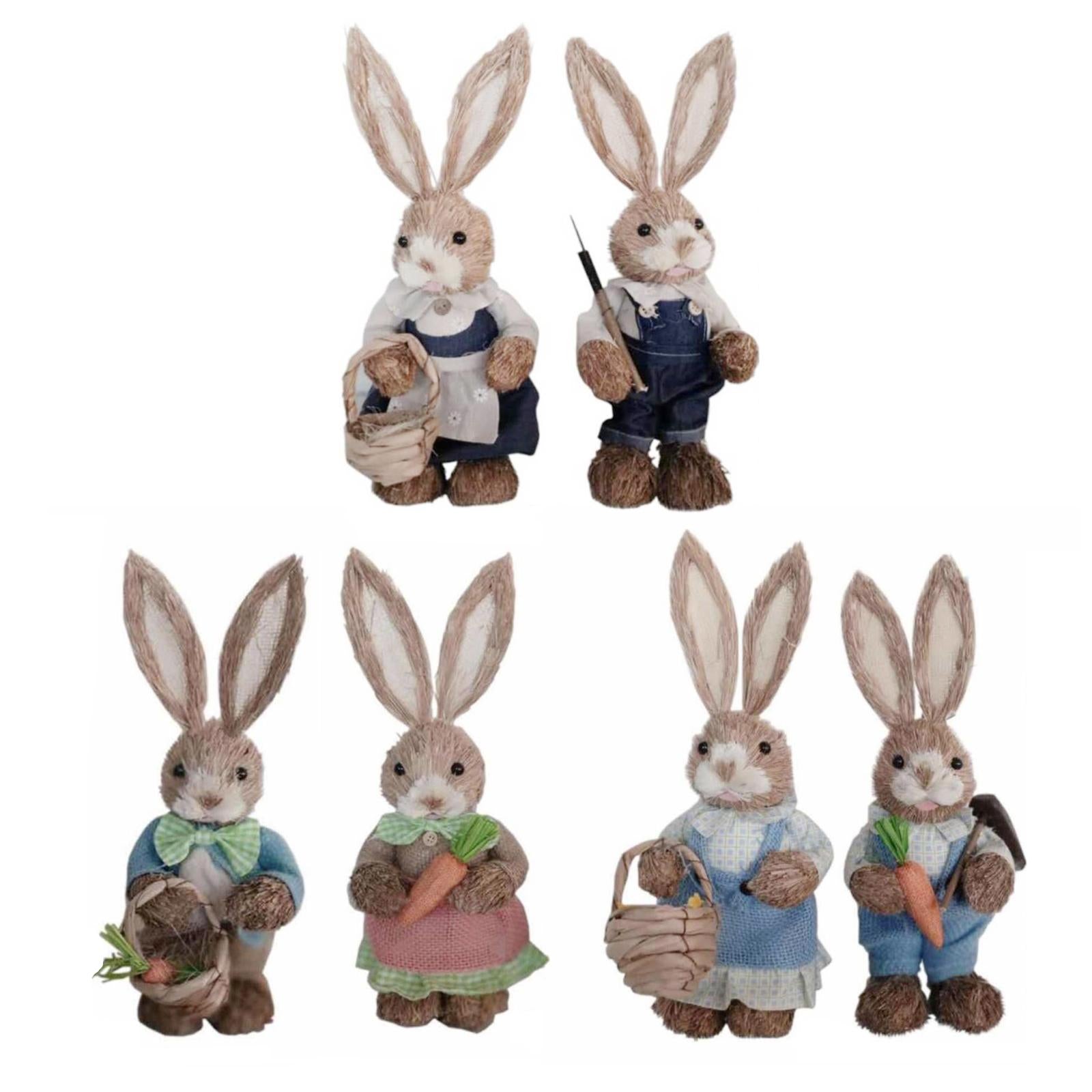 1 Pair Straw Easter Rabbit Decoration Bunny Figurines for Holiday Dark Blue