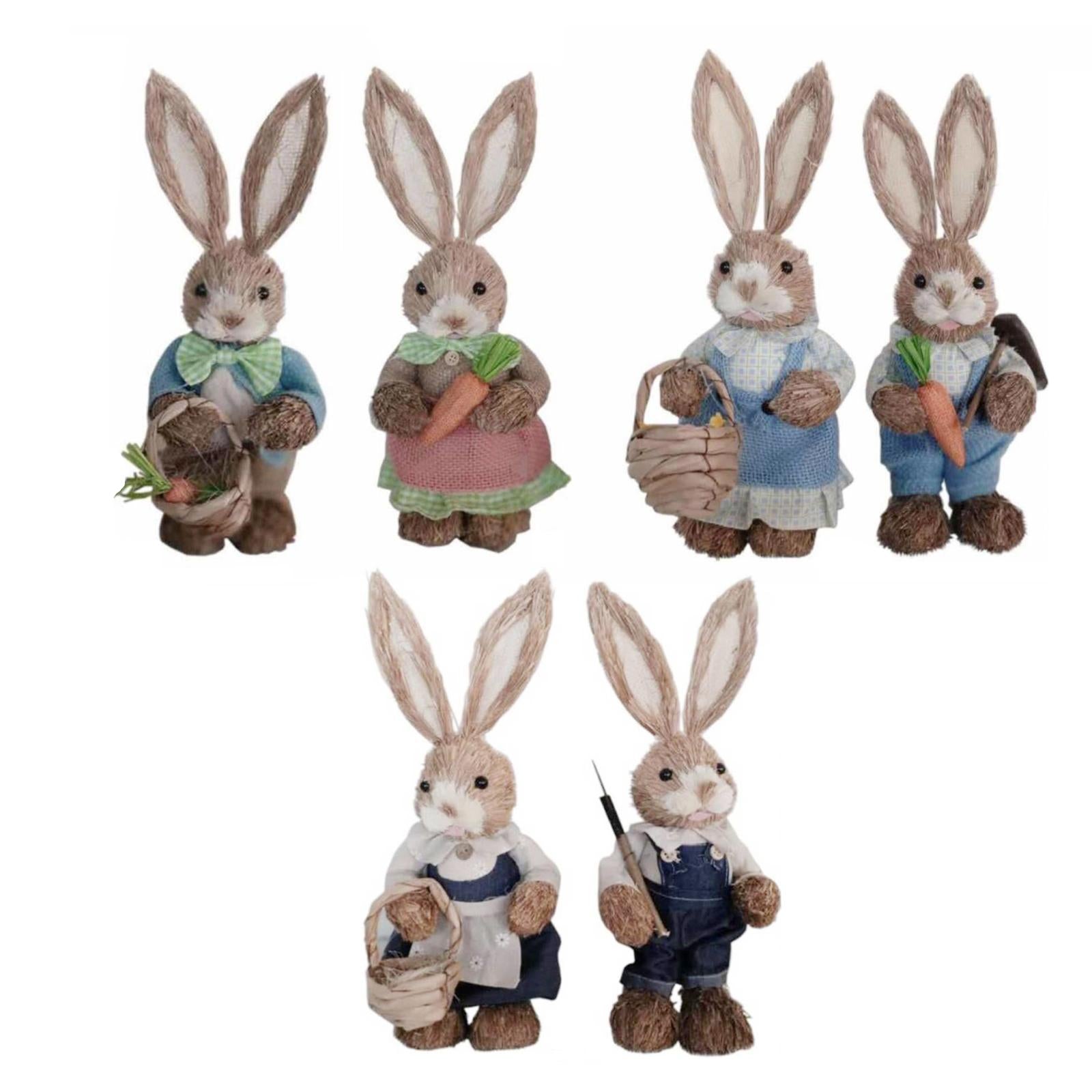 1 Pair Straw Easter Rabbit Decoration Bunny Figurines for Holiday Dark Blue