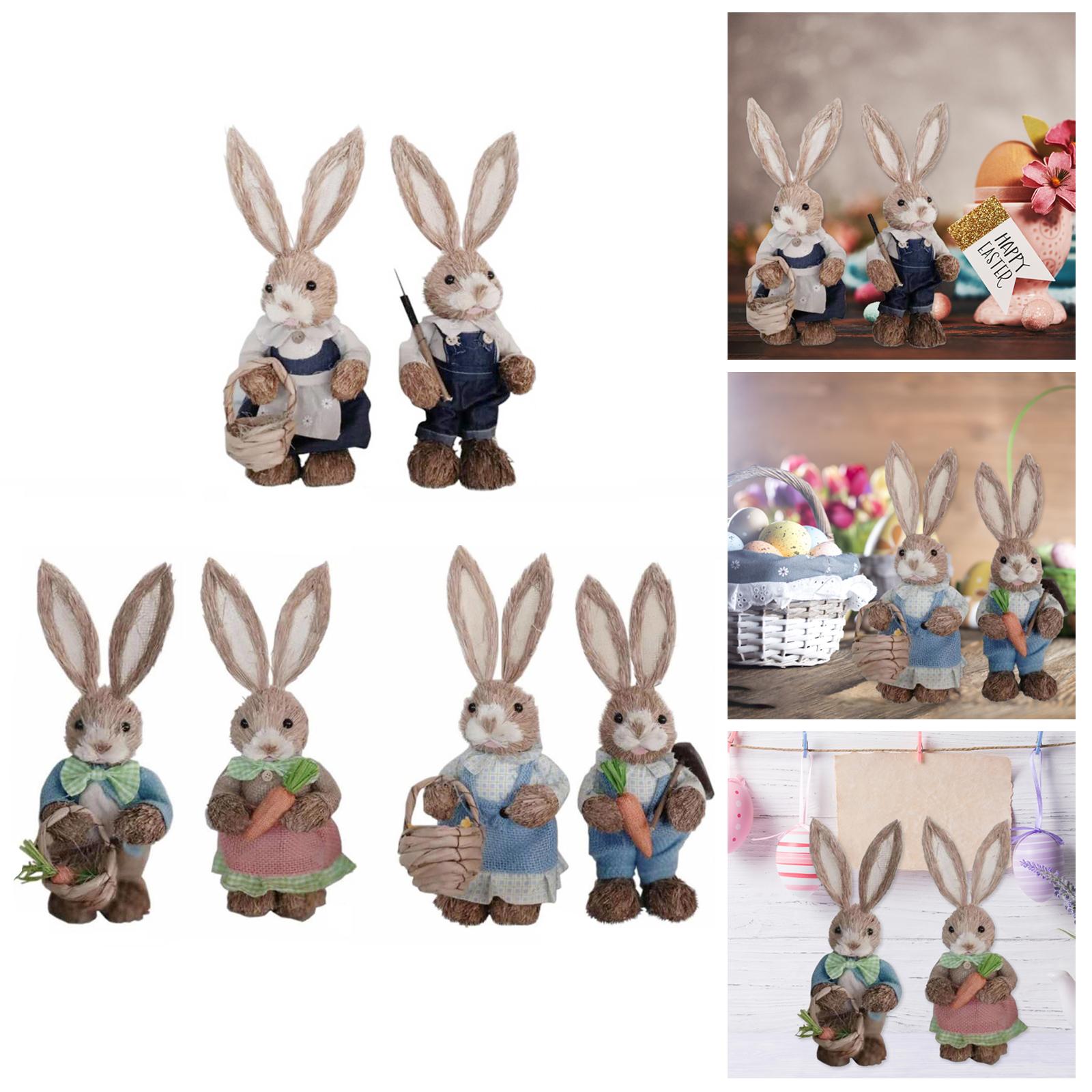 1 Pair Straw Easter Rabbit Decoration Bunny Figurines for Holiday Dark Blue