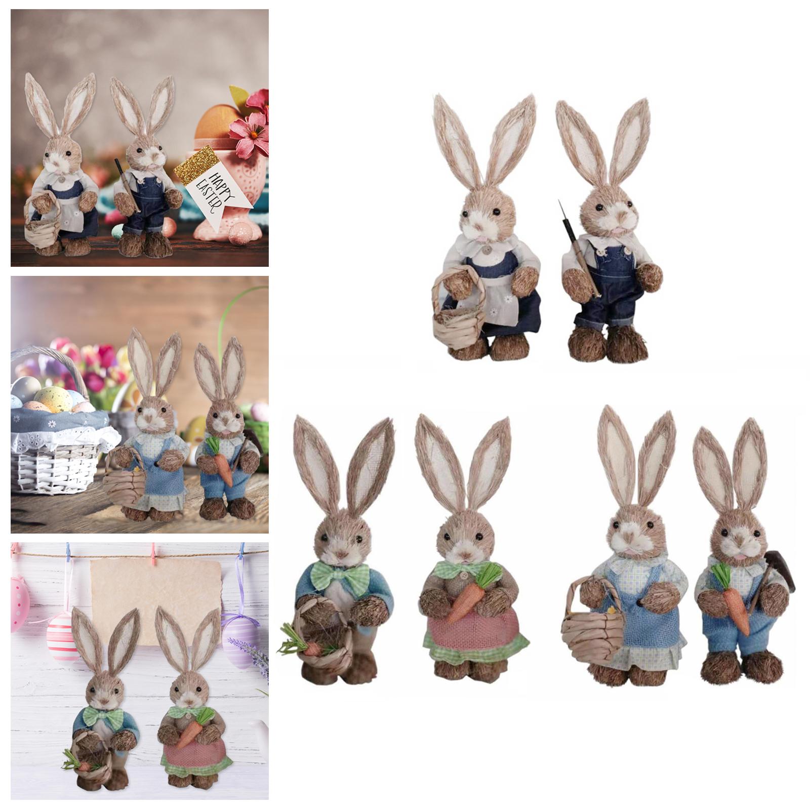 1 Pair Straw Easter Rabbit Decoration Bunny Figurines for Holiday Dark Blue