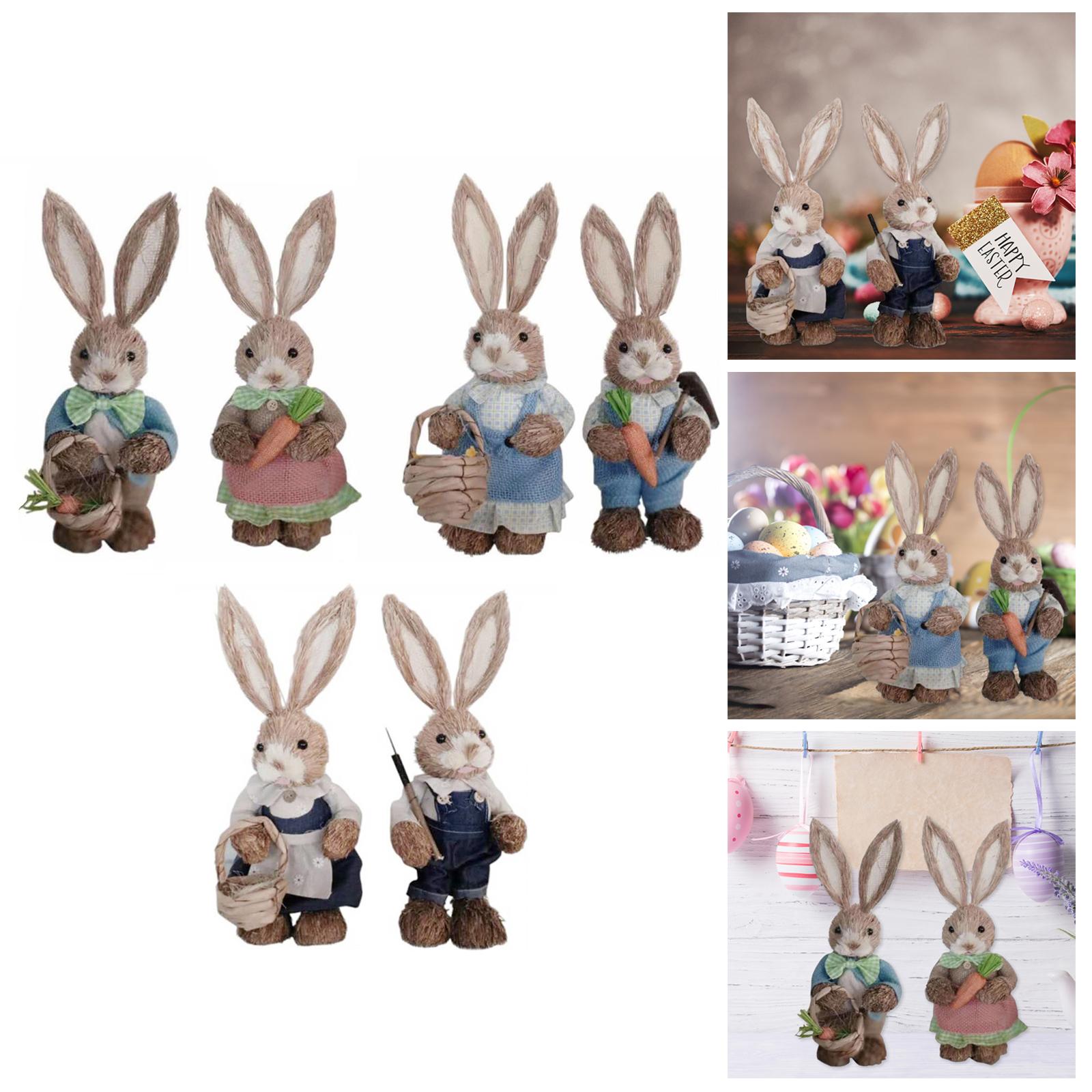 1 Pair Straw Easter Rabbit Decoration Bunny Figurines for Holiday Dark Blue