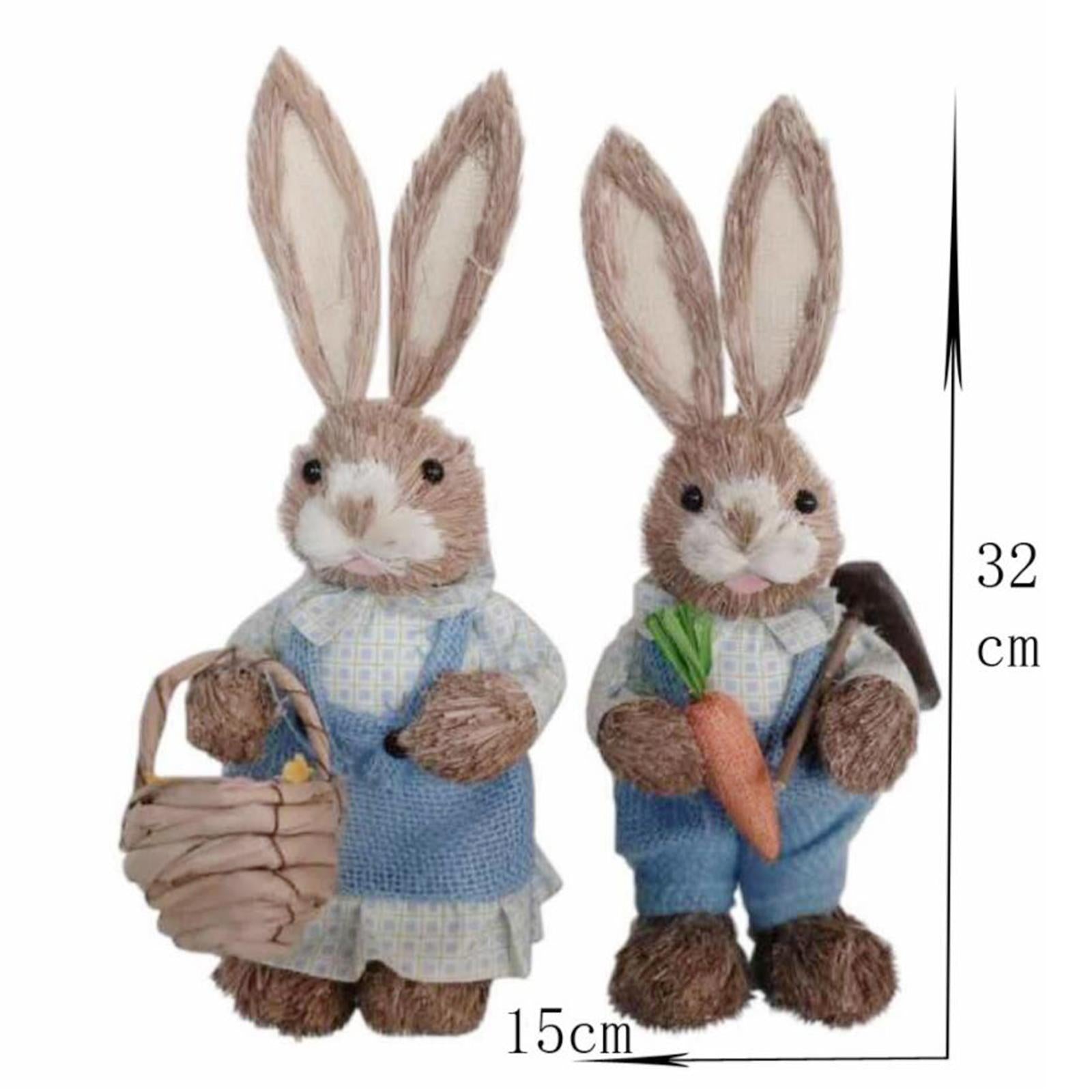 1 Pair Straw Easter Rabbit Decoration Bunny Figurines for Holiday Blue