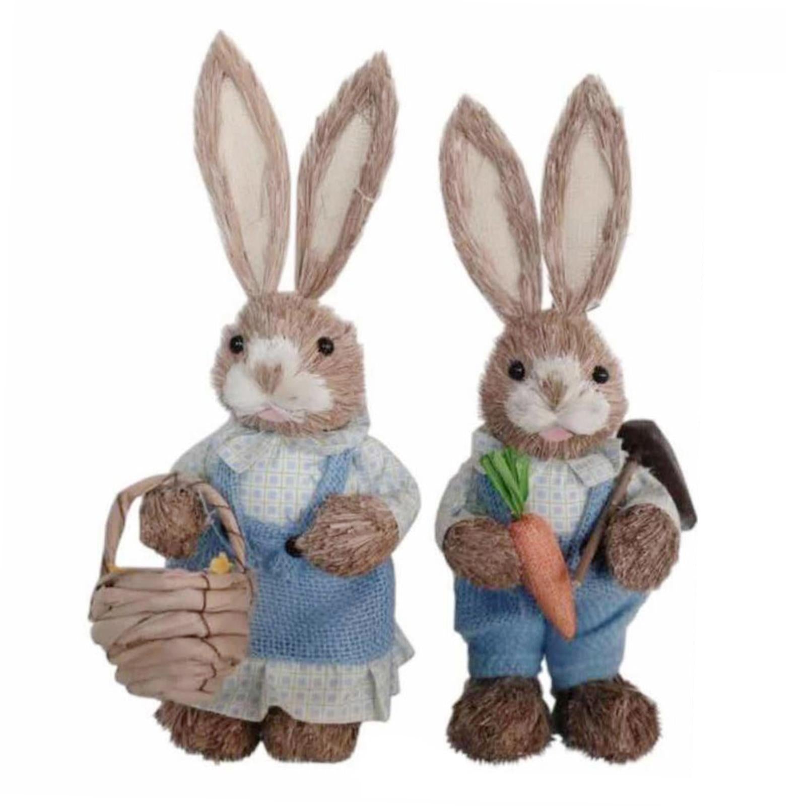 1 Pair Straw Easter Rabbit Decoration Bunny Figurines for Holiday Blue